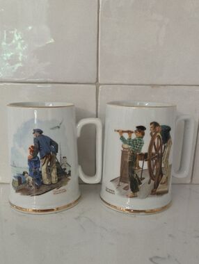 Norman Rockwell White Porcelain Nautical Mugs with Gold Trim